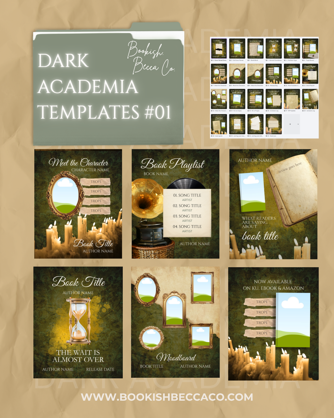 Dark Academia Canva Templates for Indie Authors | 22 Editable Social Media Graphics